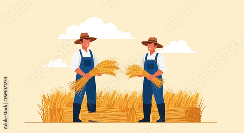 Two farmers in overalls and hats hold bundles of wheat in a field under a cloudy sky.