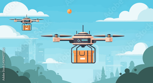 Two drones flying through the sky, carrying packages, with a city backdrop.
