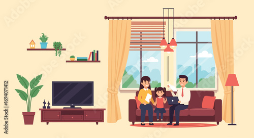 A family relaxes together on a couch in a cozy living room, enjoying a moment of togetherness.