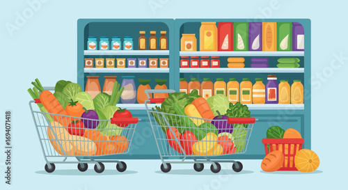 Two shopping carts overflowing with fresh produce and groceries sit before well-stocked supermarket shelves.