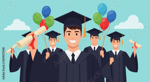 Happy graduating class celebrates achievement with diplomas and balloons.