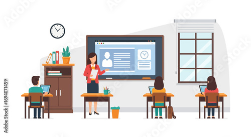 Classroom scene with a teacher presenting on a digital board while students work at their desks with laptops.
