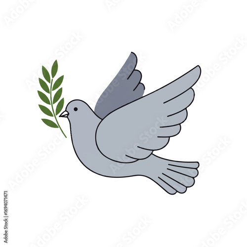 Illustration of a dove in flight, carrying an olive branch in its beak, symbolizing peace and hope.