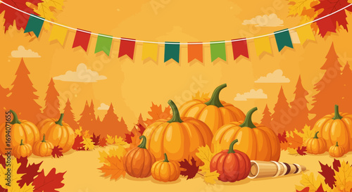 Autumn scene with pumpkins, fallen leaves, trees, clouds, and a colorful bunting banner.