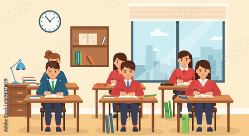 Students seated at desks in a classroom, focused on their studies.
