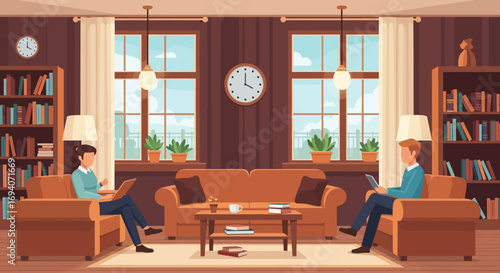 Two men relax in a comfortable, book-lined living room, each engrossed in their own devices.