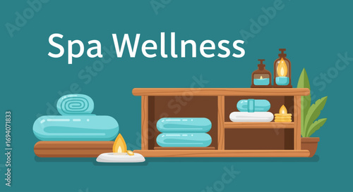 Spa wellness area with towels, candles, and aromatherapy items displayed on a wooden cabinet.