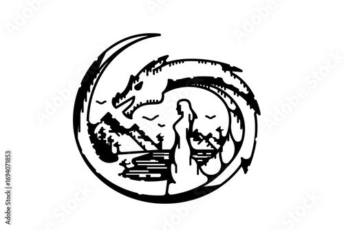 Fantasy composition with dragon, girl in long dress and mountain landscape, black and white, engraving style