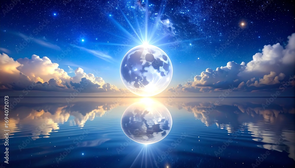 Naklejka premium Celestial moon reflecting on water