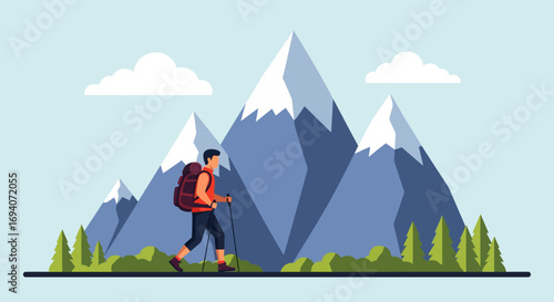 A hiker with a backpack uses trekking poles while walking in a mountain landscape with snow-capped peaks.