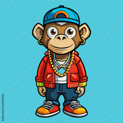 monkey looks trendy in hip hop clothes with playful expression