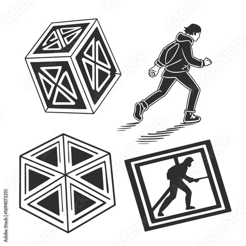 Abstract geometric shapes and running figures cube