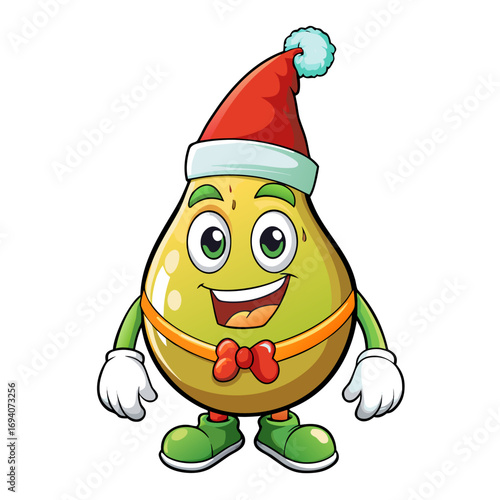 Cute pear wears Santa hat and smiles brightly