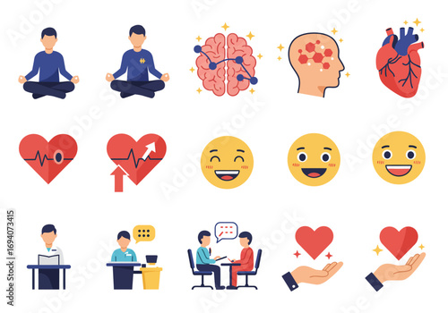 Collection of Wellness Icons: Meditation, Brain Health, Heart, Emotions, and Healthcare.