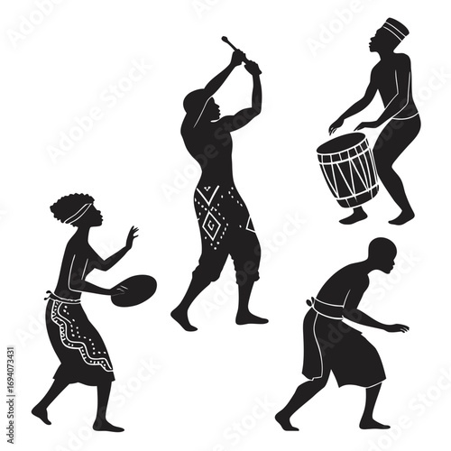 African dancers playing drums and percussion silhouette