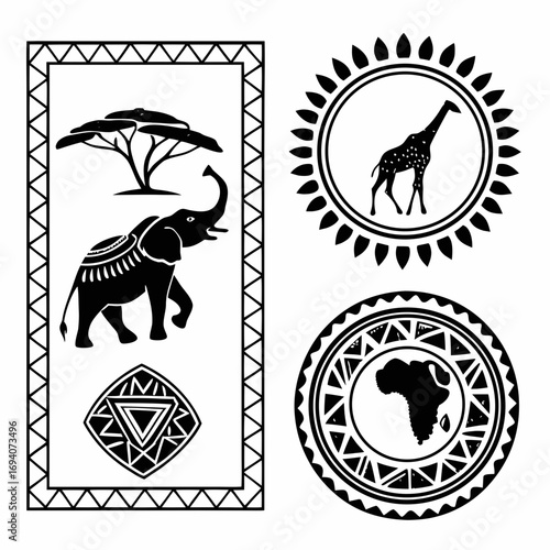 African tribal emblems with elephant giraffe and continent