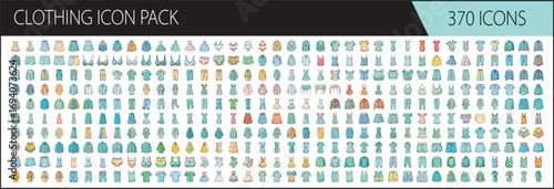 Clothing icon pack with 370 colorful hand drawn illustrations - Extensive set of 370 hand drawn clothing icons including dresses, shirts, pants, jackets, skirts, and underwear, perfect for fashion