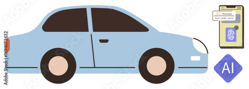 Blue car beside a mobile app interface and AI icon, combining transportation and technology. Ideal for smart vehicles, artificial intelligence, future tech, app development, mobility, car services