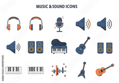 Music and Sound Icons: A collection of vector illustrations of musical instruments, audio equipment, and sound waves.