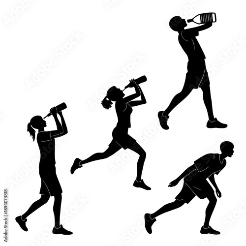 Athletic figures drinking water bottles black silhouette