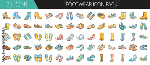 Footwear icon pack with 70 colorful hand drawn illustrations - Collection of 70 hand drawn footwear icons including boots, sneakers, sandals, heels, and loafers, perfect for fashion, retail