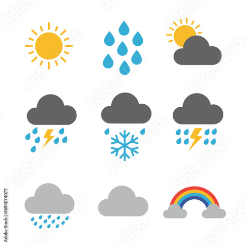 A set of nine colorful flat design weather icons depicting various meteorological conditions like sun, rain, snow, and thunderstorms.