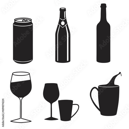 Beverage containers silhouettes bottle wine glass