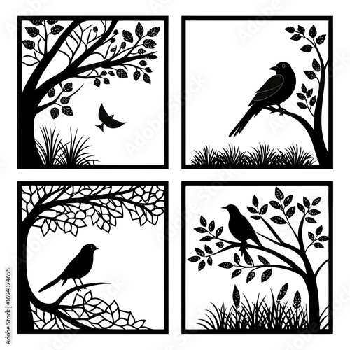 Black bird tree branch foliage grass vector