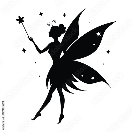 Enchanting silhouette of a fairy with delicate wings holding a sparkling wand amidst twinkling stars and magical dust