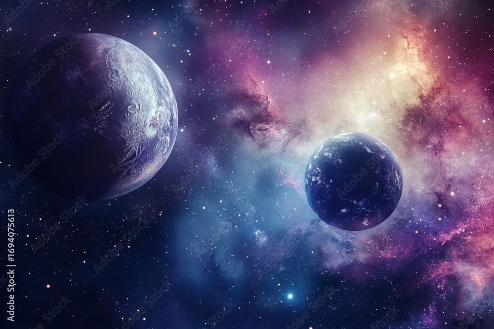 Fototapeta premium Stunning cosmic landscape featuring two planets amidst vibrant galaxies