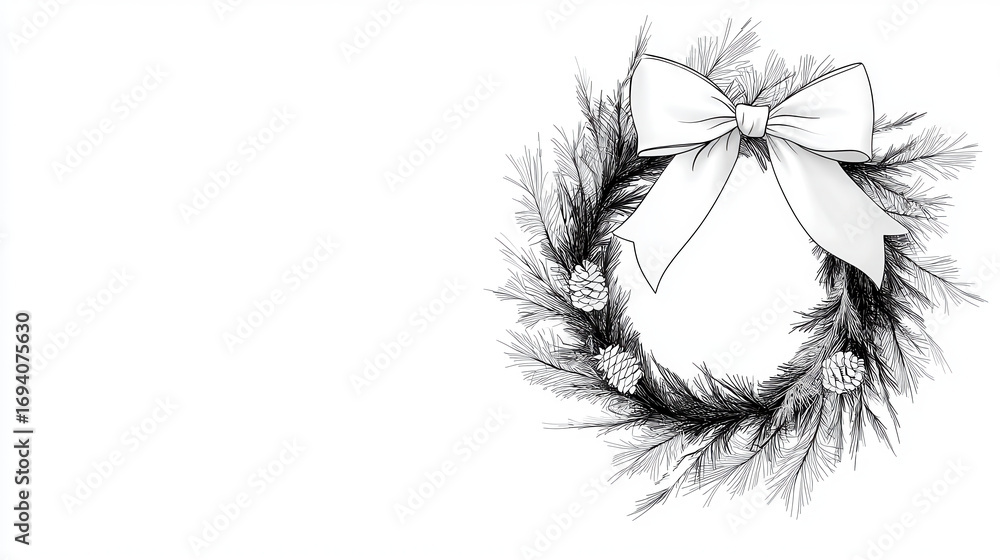 Fototapeta premium Decorative black and white wreath featuring pine branches, pine cones, and large bow, perfect for holiday celebrations