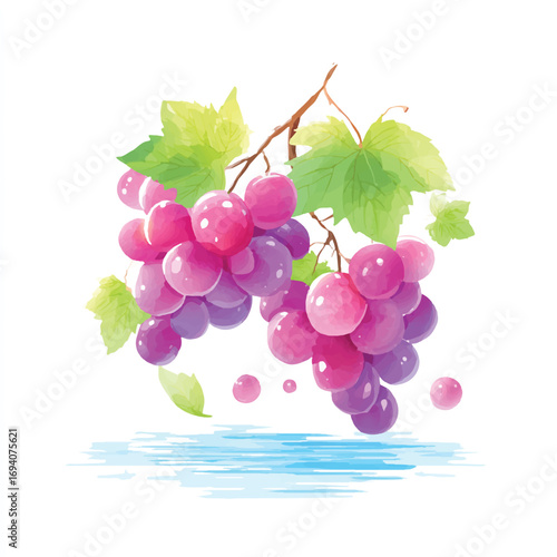 Watercolor Style Grapes with Leaves and Branch in Shades of Pink and Purple