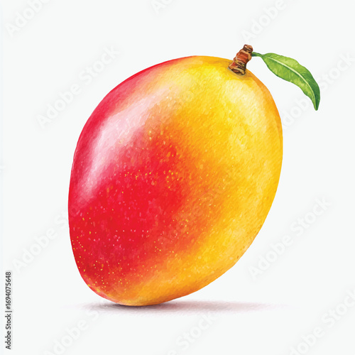Watercolor Style Mango Fruit with a Single Leaf and Textured Surface