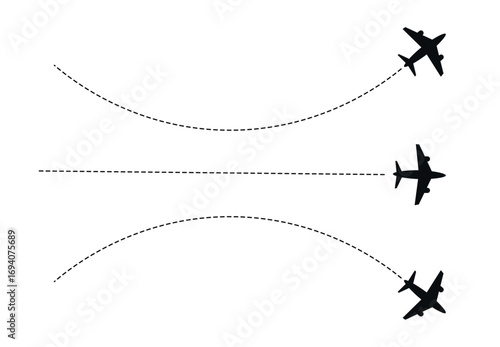 Airplane line path. Vector illustration of air plane flight route location line trace set.