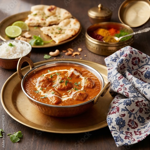 Aromatisches Butter Chicken in sahniger Soße mit Reis, Naan und Gewürzen