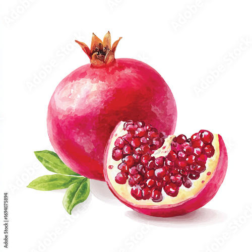 Watercolor Pomegranate Still Life with Slice and Green Leaves Detail