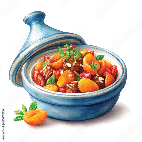 Watercolor Tagine with Apricots Meat and Almonds in a Blue Ceramic Pot