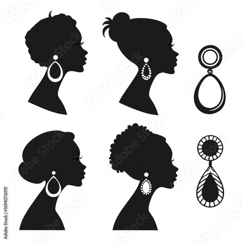 Black silhouette profiles women earrings vector