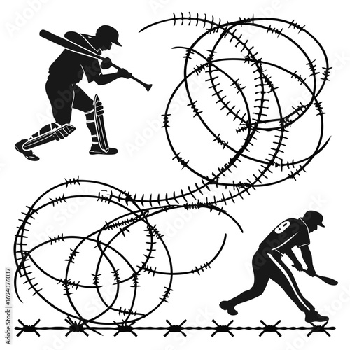 Black silhouettes baseball players and barbed wire