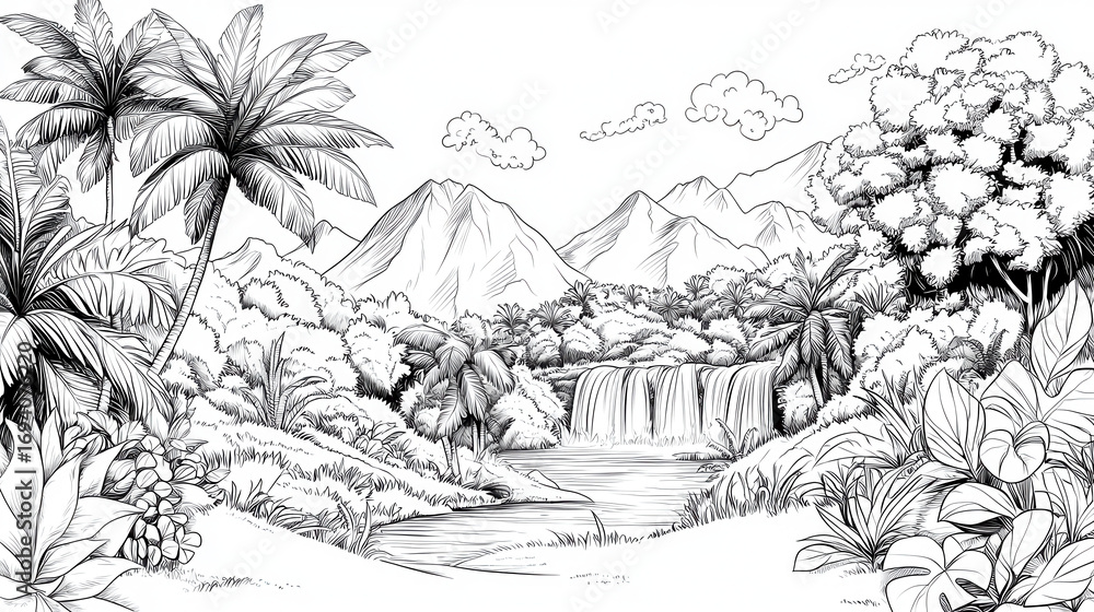 Naklejka premium Serene landscape featuring mountains, waterfall, and lush tropical vegetation, perfect for coloring