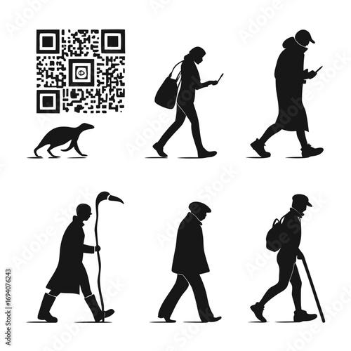 Black silhouettes of people walking and animal qr code