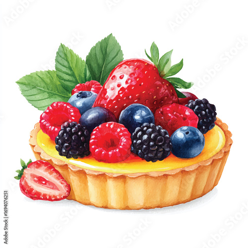 Watercolor Tart Decorated with Fresh Berries and Strawberries