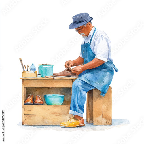Watercolor Portrait of a Skilled Shoemaker at Work