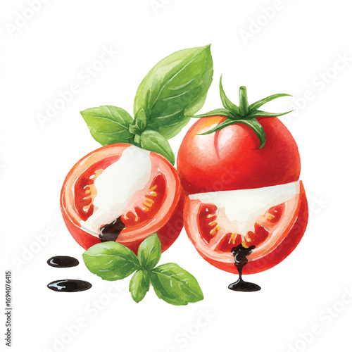 Watercolor Tomatoes with Basil and Balsamic Glaze Fresh Culinary Art