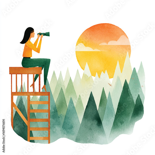 Watercolor Woman on Lookout Tower Gazing Through Telescope at Forest Sunset