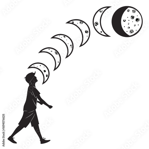 Boy looking at moon phases silhouette walking