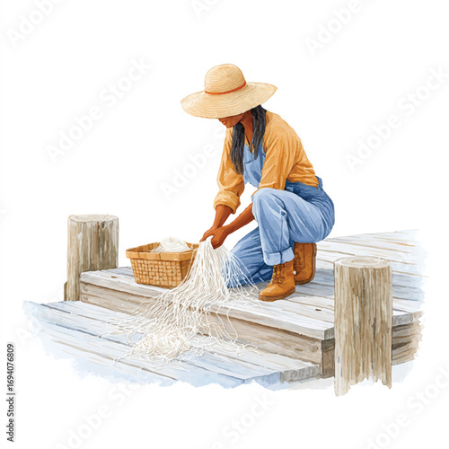 Woman in overalls mending a fishing net on a weathered wooden dock
