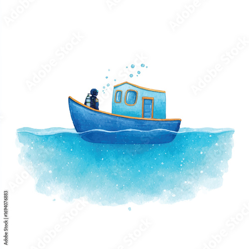 Watercolor Scuba Diver on a Small Blue Boat at Sea