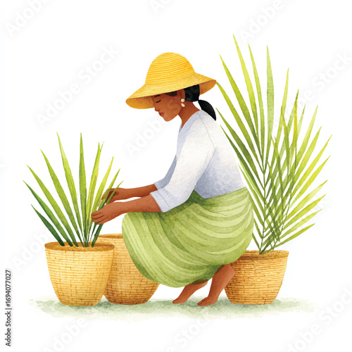 Woman in yellow hat tending to potted plants with long green leaves