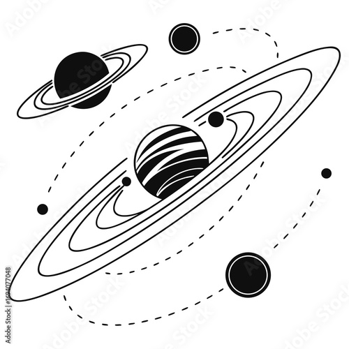 Celestial bodies orbiting in black and white planets